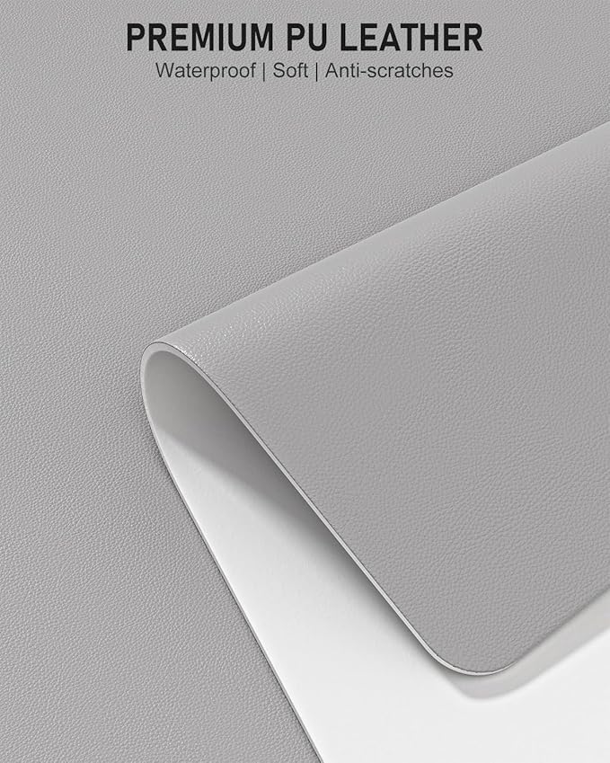 Desk Pad, 35.5" x 17" PU Leather Non-Slip Desk Mat Large Mouse Pad for Desktop, Waterproof Laptop Computer Writing Mat for Office, Home, Work, Gaming, Silver