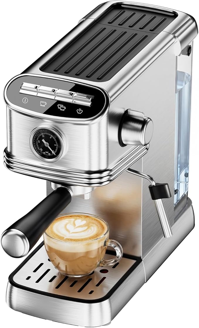 Espresso Machine 20 Bar, Stainless Steel Espresso Maker with Stainless steel Steam Milk Frother, Compact Coffee Machine with 45oz Removable Water Tank, for Cappuccino,Latte&Cold Brew Home&Office