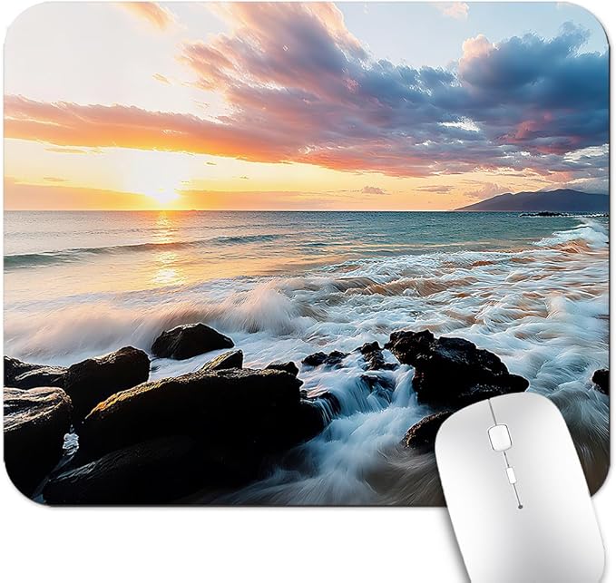 9.5"x 7.9" Anti-Slip Office/Gaming Mouse Pad - Spectacular Sunset Scenery Maui Hawaii Beach Scenic with Rocks Gentle Sea Waves, Cute Natural Washable Rubber Mat for Desk Decor