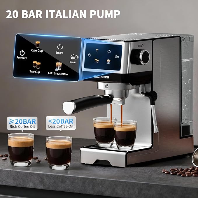 20Bar Espresso Machine with Milk Frother Cold Brew, Expresso Coffee Machine for Home, Compact Espresso Machines Small Kitchens, Cappuccino Latte Maker, 45oz Removable Water Tank, Touchscreen, Silver