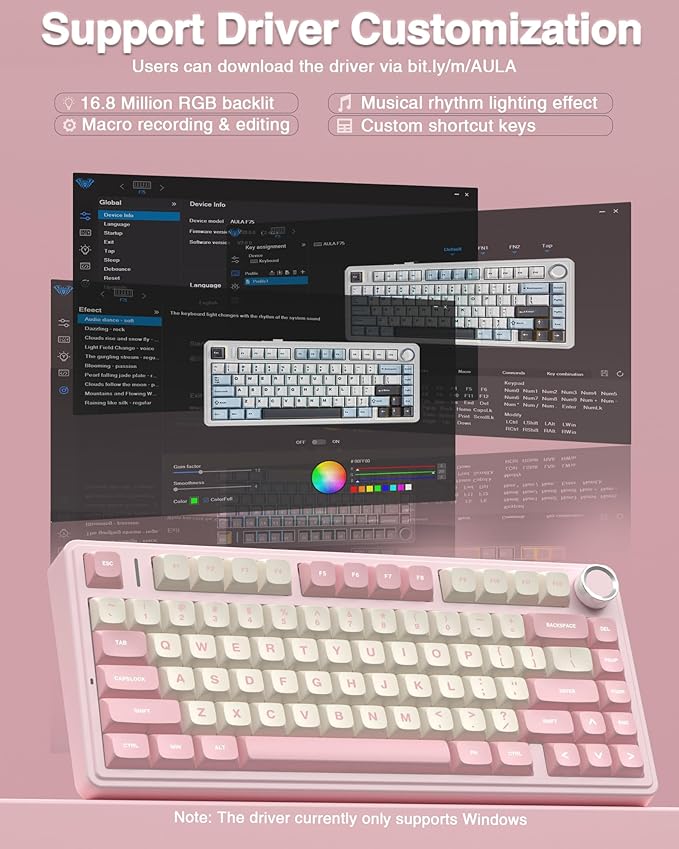 AULA F75 75% Wireless Mechanical Keyboard, Hot Swappable Pink Creamy Keyboard, Pre-lubed Linear Switches, PBT Keycaps, 2.4GHz/Type-C/BT5.0, RGB Backlit Computer Gaming Keyboards for Office/Laptop/PC