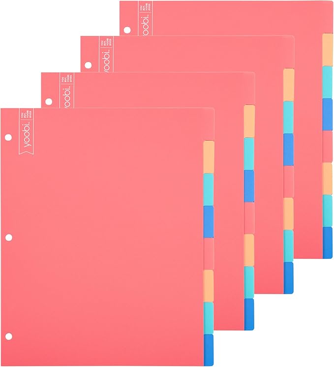 Yoobi 8 Tab Binder Dividers, 3 Hole Punch Divider Set for 3 Ring Binders, Pack of 4 Multicolor Loose Leaf Dividers, Includes Sticky Labels for Blank Tabs, Office or School Supplies, Binder Organizer