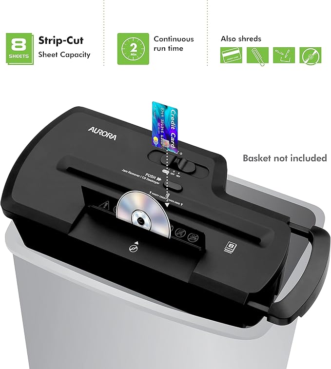 Aurora Professional Strip Cut Paper Shredder/CD/Credit Card Shredder Without Wastebasket, 8-Sheet Strip-Cut No Basket