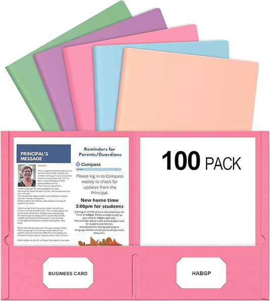 HABGP Two Pocket Folders, 100 Pack 2 Pocket Folders Fit Letter Size Paper, Pastel Paper File Folders with Pockets for School Office Home Business, Assorted 5 Colors