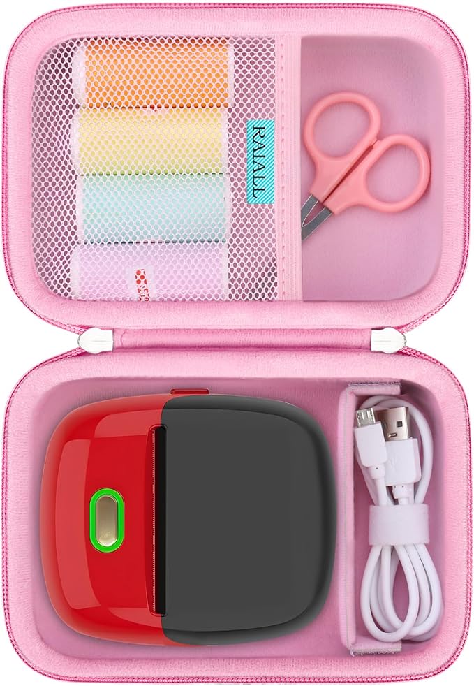 RAIALL Case for ORGSTA S002 Sticker Printer, Travel Bag for Mini Printer Portable Thermal Sticker Printer Label Maker, Label Printer Study Printer Storage Holder for Thermal Paper and Cable, Pink