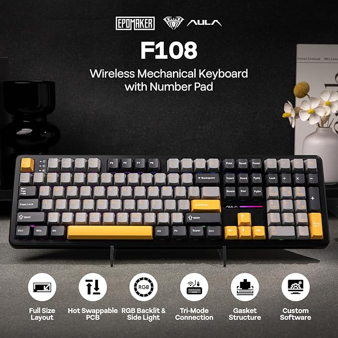 EPOMAKER Aula F108 Wireless Gaming Keyboard, Full Size Mechanical Keyboard with 4000mAh Battery, 108 Hot-Swappable and Programmable Keys, RGB Backlight, for Mac/PC/Android (Grey&Yellow)
