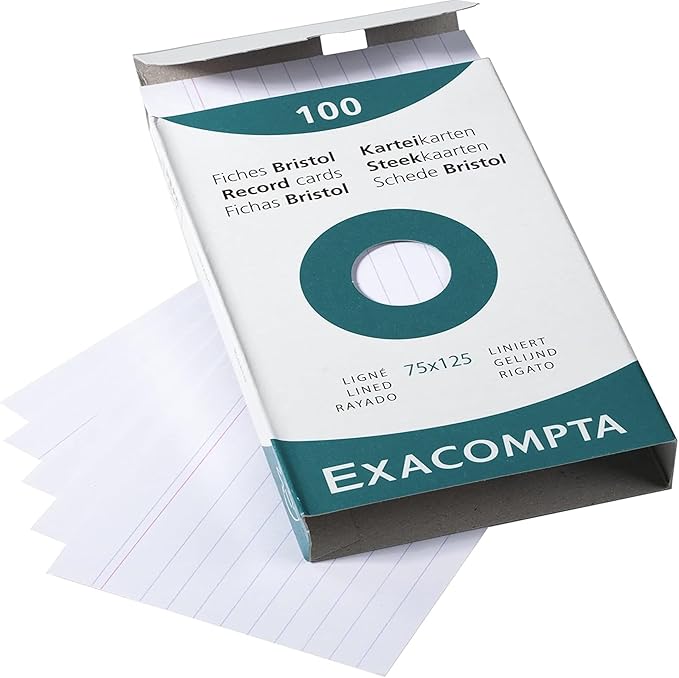 Exacompta - Ref 13801X - Bristol Lined Record Cards (Pack of 100) - 75 x 125mm in Size, 205gsm Card, Compatible with Printers - Suitable for Exam Revision & Notes - White