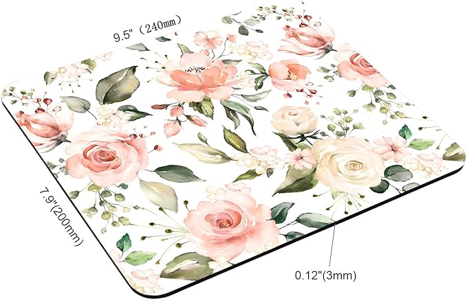Pink and Green Flowers Mouse Pad, Mouse Mat, Desk Accessories, Floral, Roses, Home, Office, Rectangle, Flowers Mousepad 9.5"x7.9"x0.12" Inch