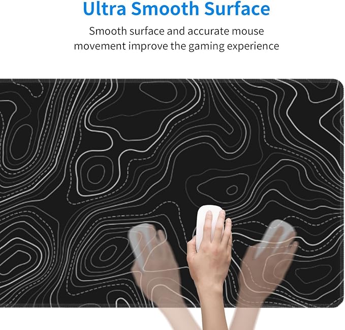 Topographic Map Minimalist Gaming Mouse Pad Desk Mat XL 31.5×11.8 Inch Black Lines Contour Geographic Extended Mousepad 30X80cm with Non-Slip Rubber Base Stitched Edge for Gamer Office Home Work