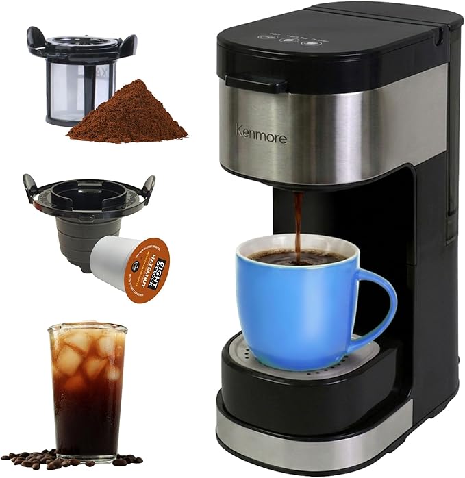 Kenmore Single Serve Coffee Maker – Compatible with Keurig K‑Cup Pods & Ground Coffee, One Cup Brewer, 6–12 Oz Brew Sizes, Travel Mug Friendly, Auto Shut‑Off, Hot & Iced Maquina de cafe, Black