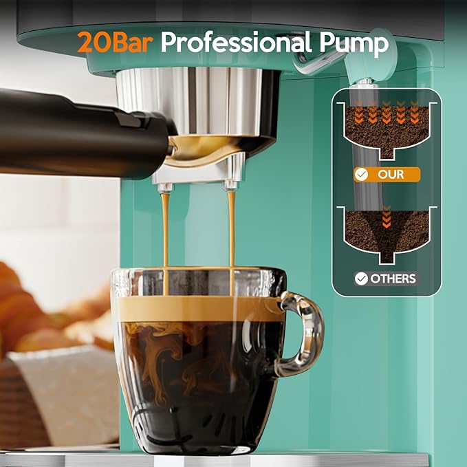 20 Bar Espresso Machine Semi-Automatic, Professional Coffee Maker with Milk Frother Steam Wand & 45OZ Removable Water Tank, Home Barista System for Cappuccino, Latte, Americano-Stainless Steel-Green