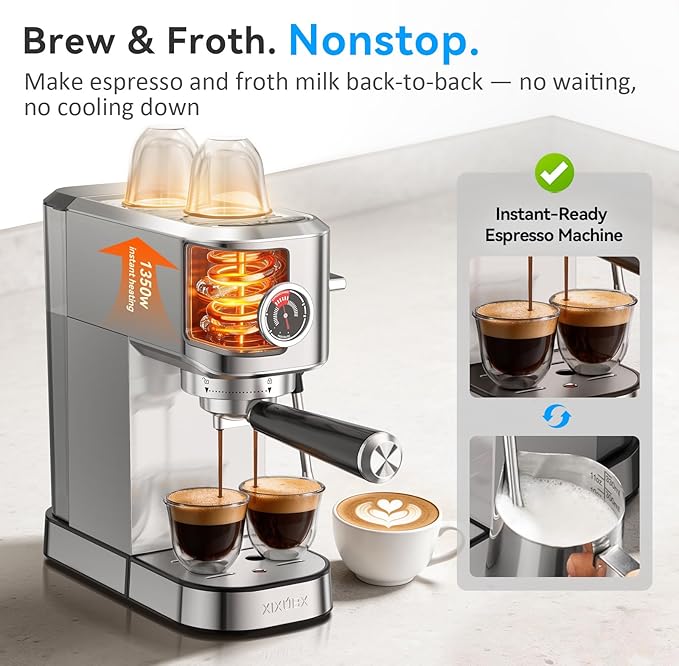 XIXUBX 20 Bar Espresso Machine, Compact Stainless Steel Espresso Maker with Milk Frother and Milk Frothing Pitcher, Coffee Machine for Cappuccino and Latte, 42 oz Water Tank for Home, Office, Silver