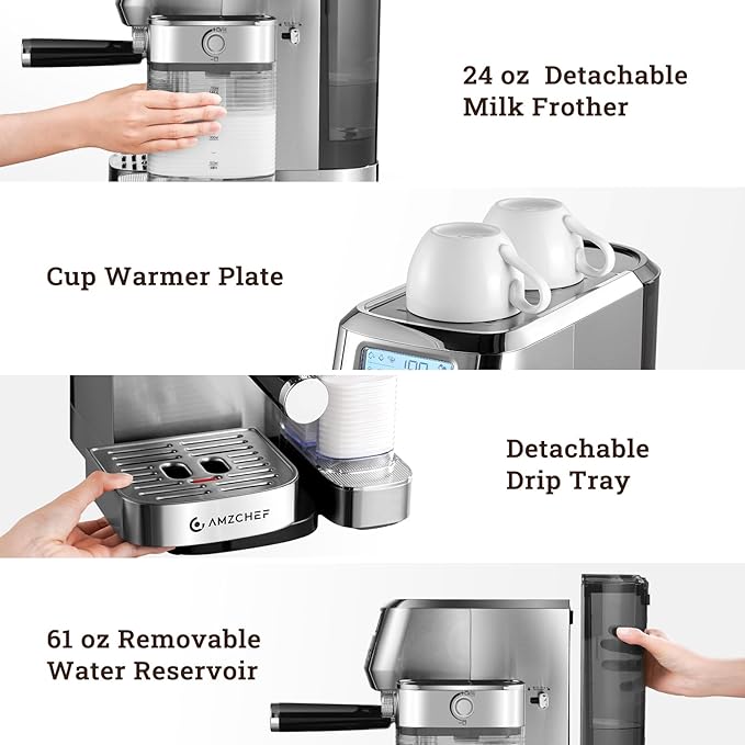 AMZCHEF Espresso Machine with Upgraded Automatic Milk Frother, 20 Bar Cappuccino Machines with LCD Display for Home Gifts, Latte Coffee Maker with Dual Wall & Filters, Sliver