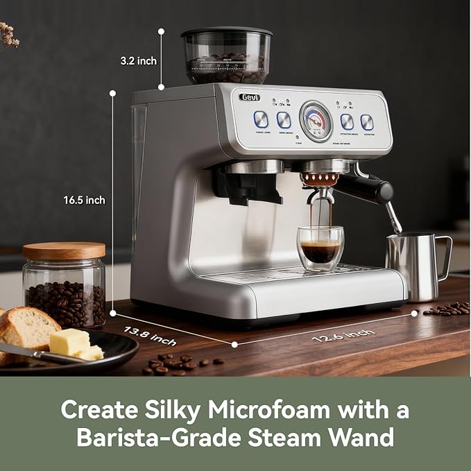 Gevi Dual Boiler Espresso Machine, Built-in Coffee Grinder, 58mm Commercial Portafilter, Professional Steam Wand, 31 Grind Levels, Stainless Steel Silver Home Barista Coffee Maker