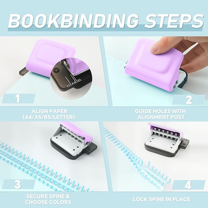 Spiral Binding Machine-Mini 6 Hole Puncher, DIY Creative Book Binder Machine for Planner, A4-30 Holes, A5-20 Holes, B5 26 Holes with 16 PCS 6-Hole Loose Leaf - Purple