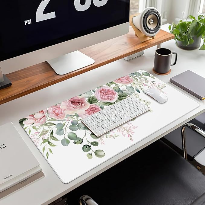 Desk Mat,Peony Flowers and Eucalyptus Leaves Large Gaming Mouse Pad for Desk XXL,Pink Floral Desk Pad,Extended Big Computer Keyboard Mouse Pad with Non-Slip Base Stitched Edges 35.4"x15.7"