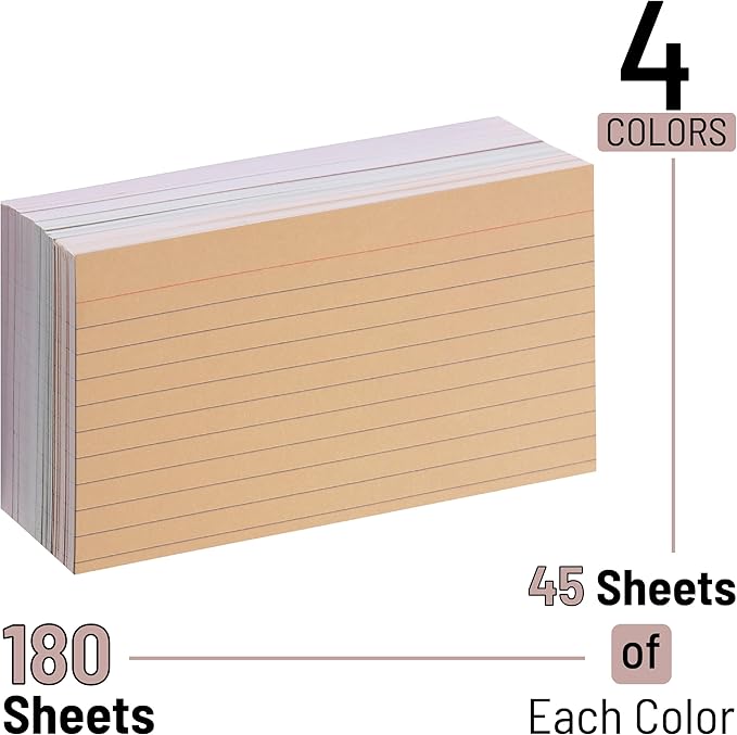 Mr. Pen- Lined Index Cards, 3"x5", 180 Cards, Vintage Colors, Bulk Flashcards for Studying, School, College, Office and Home Organization, Durable Study To Do List Note Cards with Ruled Lines