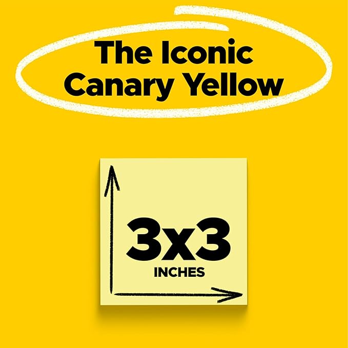 Post-it 100% Recycled Paper Super Sticky Notes, Canary Yellow, 3 in. x 3 in., 12 Sticky Note Pads, 70 Sheets per Pad, New Year Organization or Second Semester School Supplies