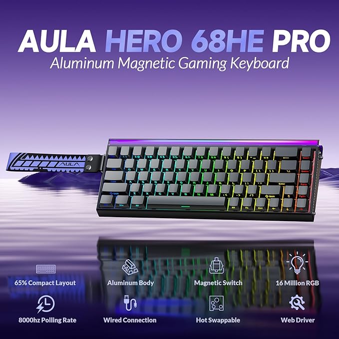 AULA Hero 68 HE Pro - Wired Gaming Keyboard with Hall Effect Magnetic Switch, CNC Aluminum Frame, 8KHz Polling Rate, RGB Box & Backlight, Side Printed Keycaps, 65% 68-key Compact Small Gamer Keyboards