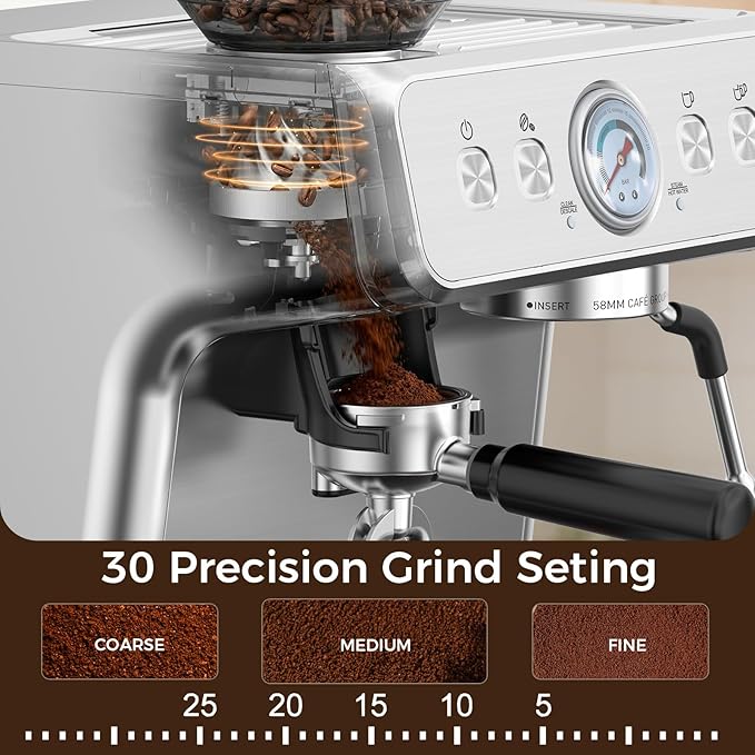 Electactic 15 Bar Espresso Machine with Grinder & Milk Frother, 58mm Expresso Coffee machines, Stainless Steel Coffee Maker for Cappuccino and Latte, Perfect for Home and Café Use-Dual Boiler