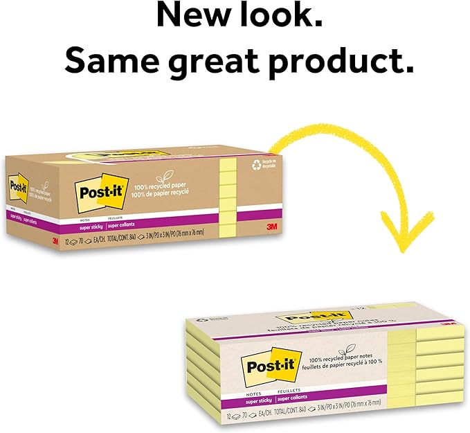 Post-it 100% Recycled Paper Super Sticky Notes, Canary Yellow, 3 in. x 3 in., 12 Sticky Note Pads, 70 Sheets per Pad, New Year Organization or Second Semester School Supplies