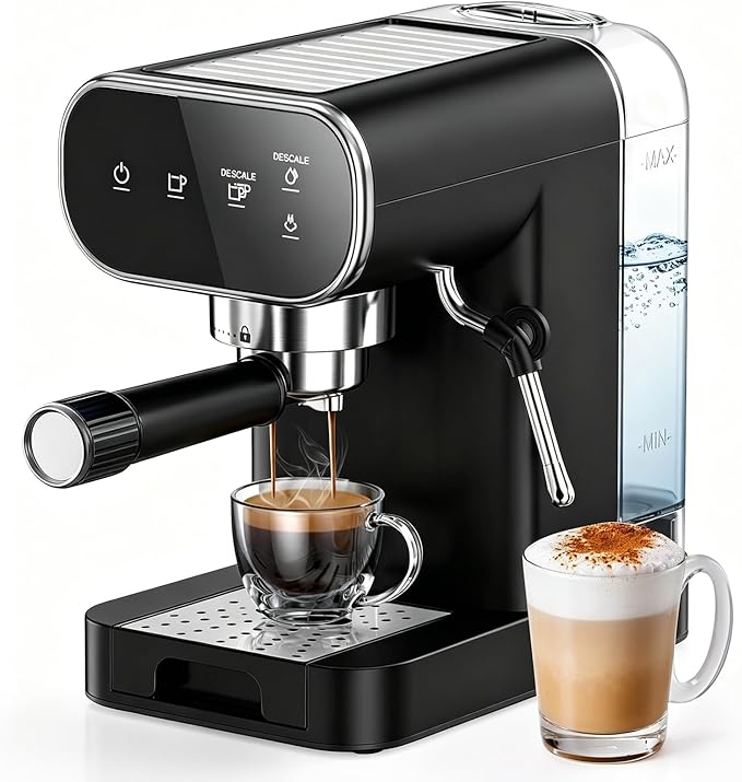 Horavie 20 Bar Espresso Machine with Milk Frother, Home Espresso Coffee Maker with Touchscreen, Fast Heat-Up Coffee Machine with 48oz Removable Tank for Cappuccino, Latte, Americano, Black