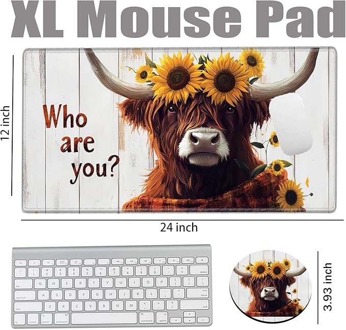 XL Mouse Pad Gaming Desk Mat for Desktop Extended Mousepad Sunflower Cow Desk Pad 24x12 Computer Mat Large Mouse Pads for Wireless Mouse Office Laptop Accessories Gift