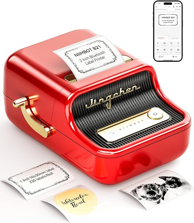 NIIMBOT B21 Label Maker Inkless Bluetooth Label Printer, 2 Inch Portable Thermal Label Machine for Small Business, Address, Logo, Clothing, Mailing, Candles, Jewelry, Sticker Printer for Gift, Red
