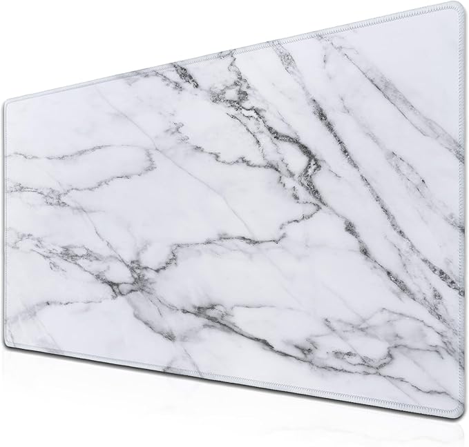 Gaming Mousepad White Gray, Large Mousepad Office Desk Mats, Gaming Mouse Mat Non-Slip Rubber Base Waterproof with Stitched Edges, 35.4 X 15.7 inch for Work/Game/Office/Home Marble Texture