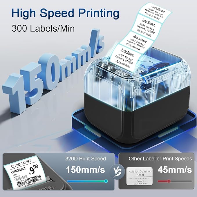 CLABEL Desk Barcode Label Printer: Bluetooth Label Maker with Direct Thermal Printing, 2-3 Inch Print Width for Barcodes Address Warehouse with 1 Roll 40x30mm Label (3 Inch Soot)
