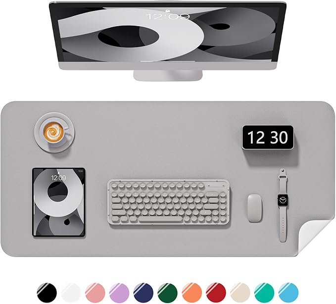 Desk Pad, 35.5" x 17" PU Leather Non-Slip Desk Mat Large Mouse Pad for Desktop, Waterproof Laptop Computer Writing Mat for Office, Home, Work, Gaming, Silver