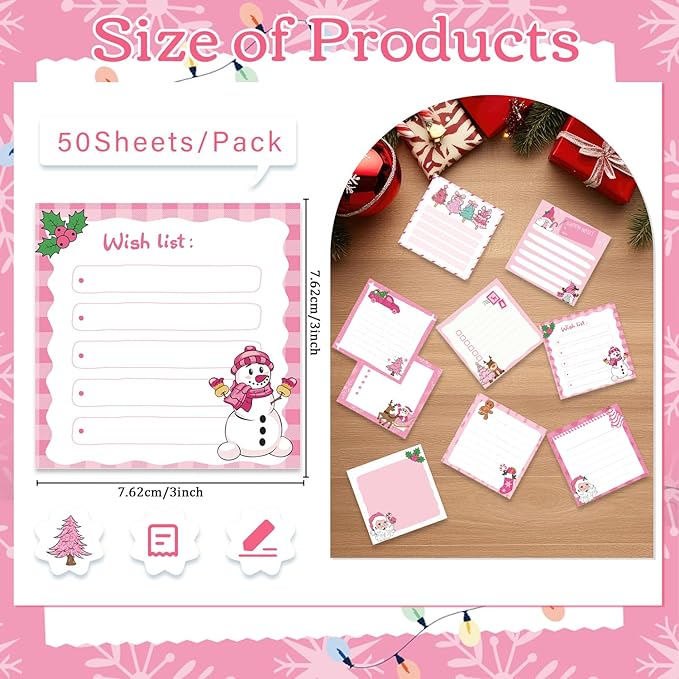 Christmas Sticky Notes Gifts - 9 Pack Pink Christmas Notepads 3x3 Inches, Merry Xmas Santa Self-Adhesive Mini Pads Notes, Winter Holiday Office School Supplies for Women Men (450 Sheets)