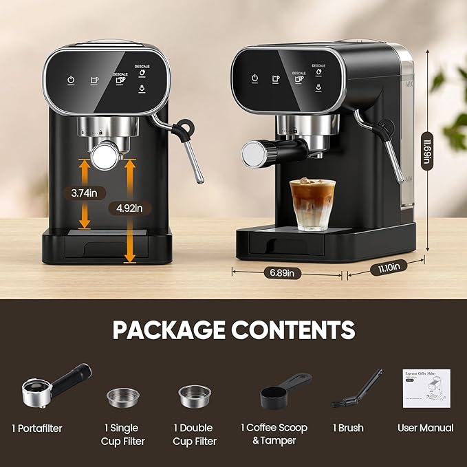 Horavie 20 Bar Espresso Machine with Milk Frother, Home Espresso Coffee Maker with Touchscreen, Fast Heat-Up Coffee Machine with 48oz Removable Tank for Cappuccino, Latte, Americano, Black