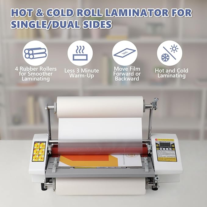 13.5" Laminator Machine High Speed Hot and Cold Roll Laminating Machine Single/Dual Sides with Digital Display for A3/A4 Paper Lamination, Speed Adjustable 3 Minute Warm-Up, 110V (Film not Included)