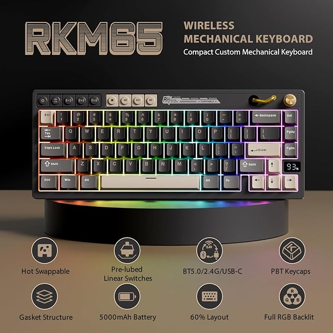 RK ROYAL KLUDGE M65 Wireless Gaming Keyboard with Volume Knob, 60% Hot Swappable Mechanical Keyboard 2.4G/BT/USB-C, Gasket Mount, Battery Display, PBT Keycaps, Hot-Swappable Cream Switch, Black