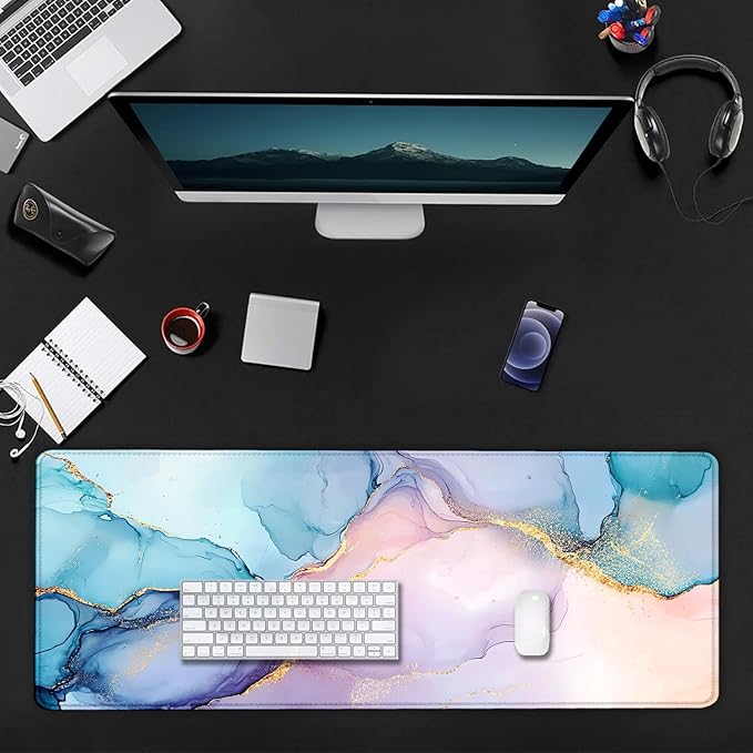 Pink Gold Texture Marble Large Mouse Pad, Desk Mat Computer Keyboard Pad Non-Slip Rubber Base Waterproof with Stitched Edges for Laptop Gaming, Office & Home 31.5 x 11.8 Inch
