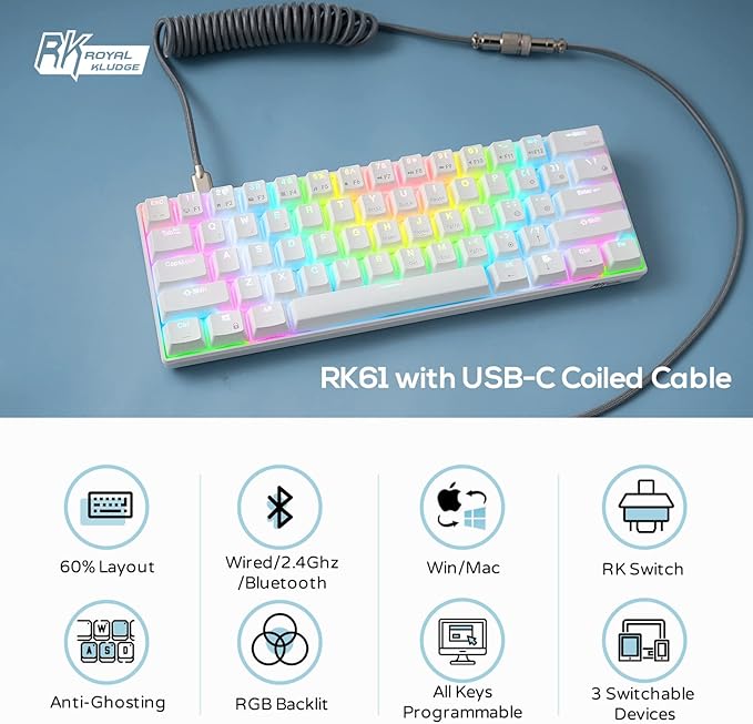 RK ROYAL KLUDGE RK61 60% Mechanical Keyboard with Coiled Cable, 2.4Ghz/Bluetooth/Wired, Wireless Bluetooth Mini Keyboard 61 Keys, RGB Hot Swappable Red Switch Gaming Keyboard with Software - White