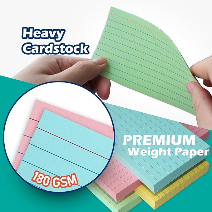 Colored Lined Index Cards 3x5 Ruled Note Cards 200 Count, Pastel Pink Green Yellow Blue, Assorted Colors