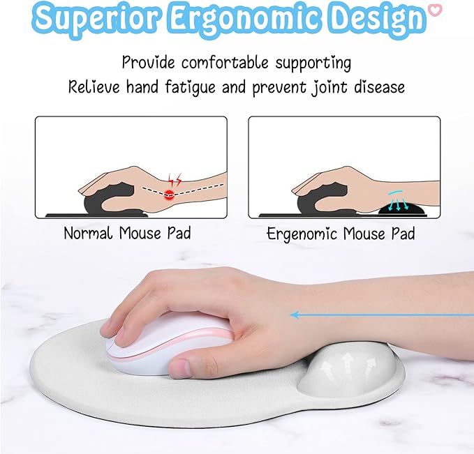 Hsurbtra Ergonomic Mouse Pad with Wrist Rest Support, Gel Mouse Pads with Non-Slip PU Base, Pain Relief Memory Foam Computer Mat, Cute Office Supplies Desk Decro Accessories, Ivory White