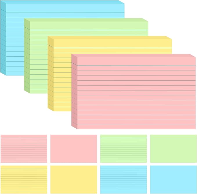 144 Count Colored Index Cards, 4x6 Inches Lined Flash Notecards Ruled Study Card Flashcards Heavy Note for Studying, Learning, School, College