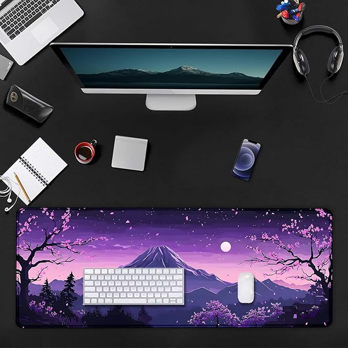 Purple Japanese Mountains Large Mouse Pad, Desk Mat Computer Keyboard Pad Non-Slip Rubber Base Waterproof with Stitched Edges for Laptop Gaming, Office & Home 31.5 x 11.8 Inch (XL-24)