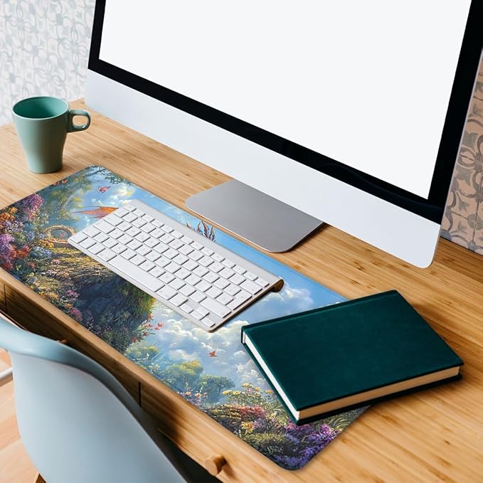 Fantasy Dragon Desk Pad Mouse Pad Forest Colorful Butterfly Flower Mousepad XL Large Gaming Mouse Pad Laptop Keyboard Mat Desk Pad 35.4"x15.7" Office Home Decor for Women Girl
