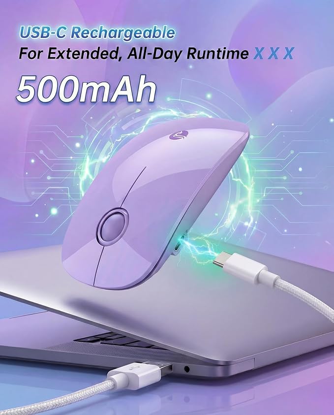 RAPIQUE R306 Pro Wireless Mouse, Dual Bluetooth & 2.4GHz, Connect Up to 3 Devices, Type-C Rechargeable, Silent Click, Ergonomic Symmetrical Design, for MacBook, iPad, Laptop, Purple