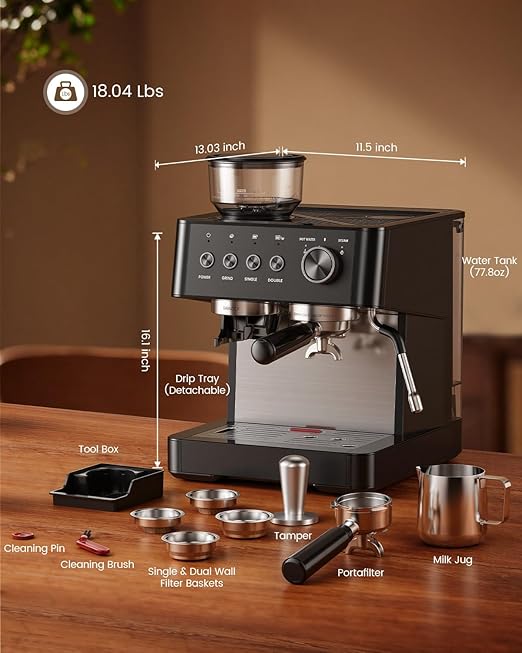 (2026 Upgrade) 15 Bar Espresso Machine with Built-in Anti-Clog Coffee Grinder, Expresso Coffee Machines with Milk Steam Wand/Frother/Tamping Tools,Espresso Maker with Grinder for Lattes-Sleek Black