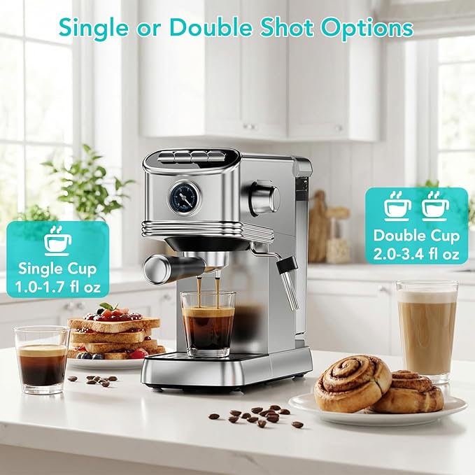 Electactic Espresso Machine 20 Bar, Stainless Steel Espresso Maker with Aluminum Steam Milk Frother, Compact Coffee Machine with 45oz Removable Water Tank, for Cappuccino,Latte&Cold Brew Home&Office