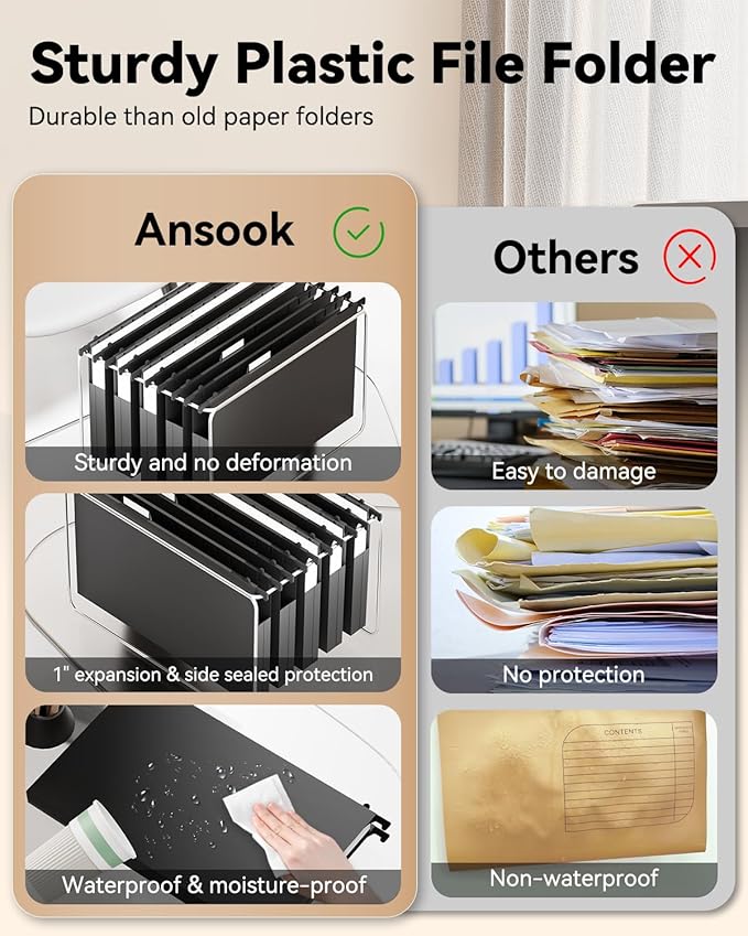 Ansook Plastic Legal Size Hanging File Folders,12 Pack Extra Capacity File Folders Hanging with Tabs,Heavy Duty 1" Expandable Legal Filing Cabinet Folders,File Frame Hanging File Organizer