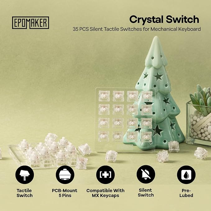 EPOMAKER Silent Mechanical Keyboard Switches Set - 35 Pieces Factory Pre-Lubed, 5-Pin Linear/Tactile Switches for Custom Mechanical Keyboards (Crystal(Tactile Silent))