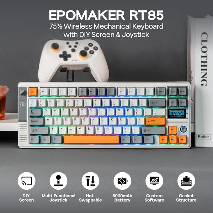 EPOMAKER RT85 Wireless Mechanical Keyboard with Joystick & DIY Screen, 8000mAh, BT/USB/2.4Ghz, Gasket, 5-Layer Paddings, Hot-Swap, PBT Keycap, 75% Gaming Keyboard (Retro White, Wisteria Linear)