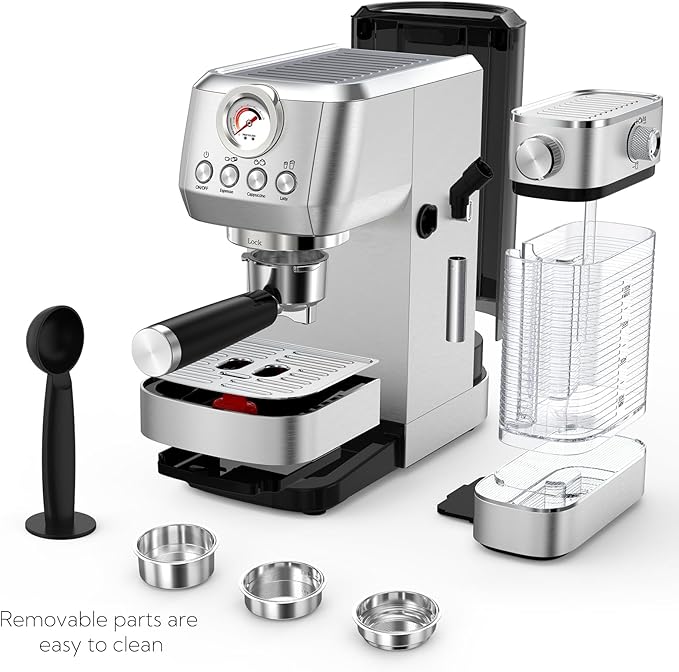 MAttinata CM1633 Cappuccino Machine 20 Bar, Professional Espresso Machines with Automatic Milk Frother, Barista Compact Latte Coffee Maker for Home, Pressure Gauge for Coffee Lovers, Stainless Steel