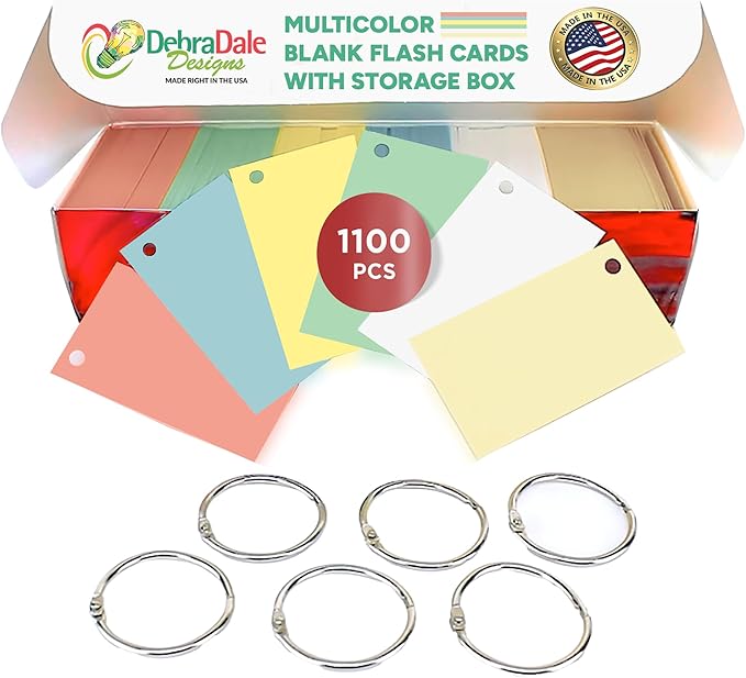 Debra Dale Designs Mini Flash Cards – 1,100 Count White + 5 Color Hole-Punched Cards with 6 Binder Rings – Blank Unruled Value Cardstock – USA Made